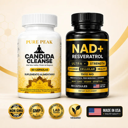 COMBO ANTIEDAD: NAD+ Resveratrol 60 Caps + Candida Cleanse Detox Pure Peak™ [ÚLTIMAS UNIDADES]