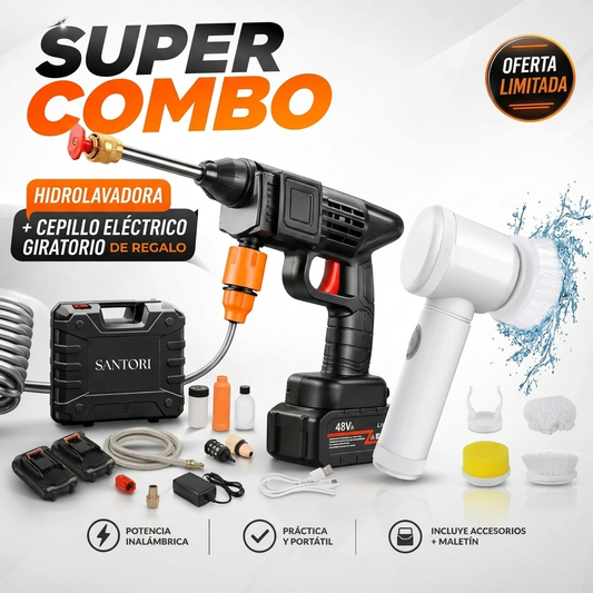 COMBO ESPECIAL: Hidrolavadora Portátil + (Cepillo Portatil Giratorio + Doble Batería + Maletín)